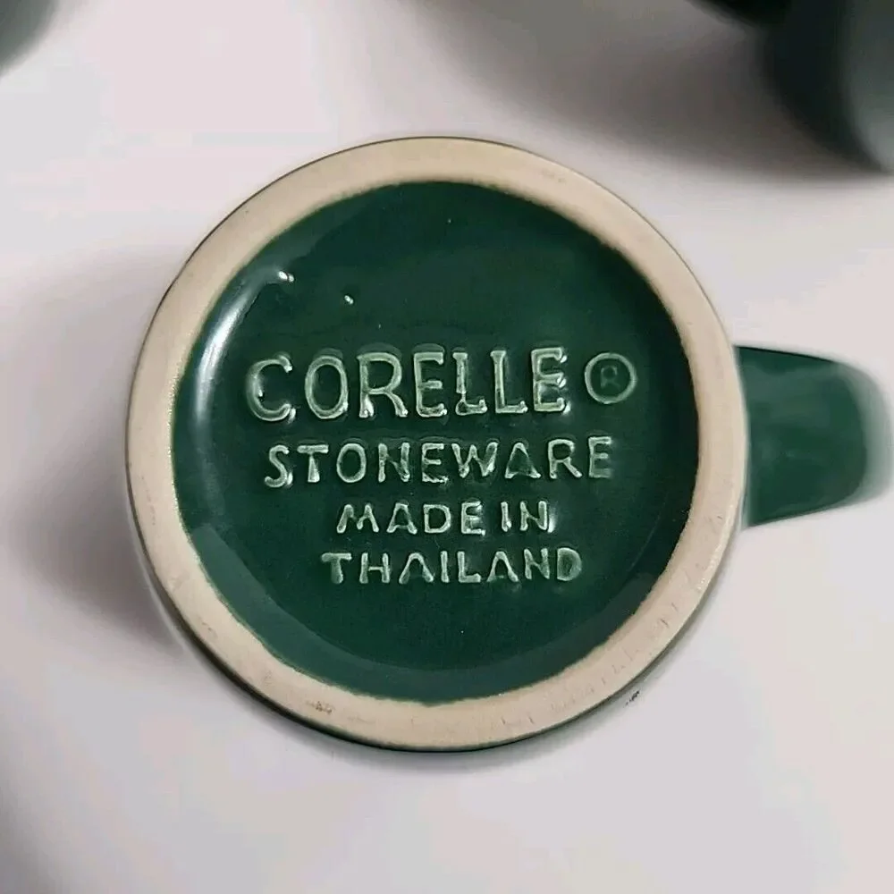 SET OF 4 Corelle Stoneware Dark Green Mugs/Cups Made In Thailand
